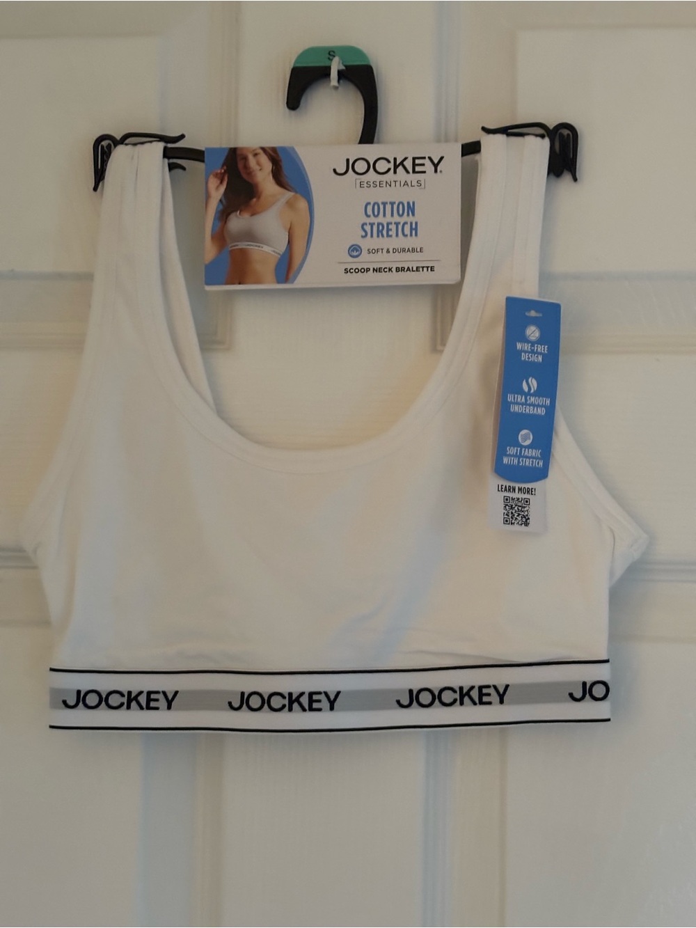 Jockey White Cotton Stretch Scoop Bralette with Black Logo Band, Size:S